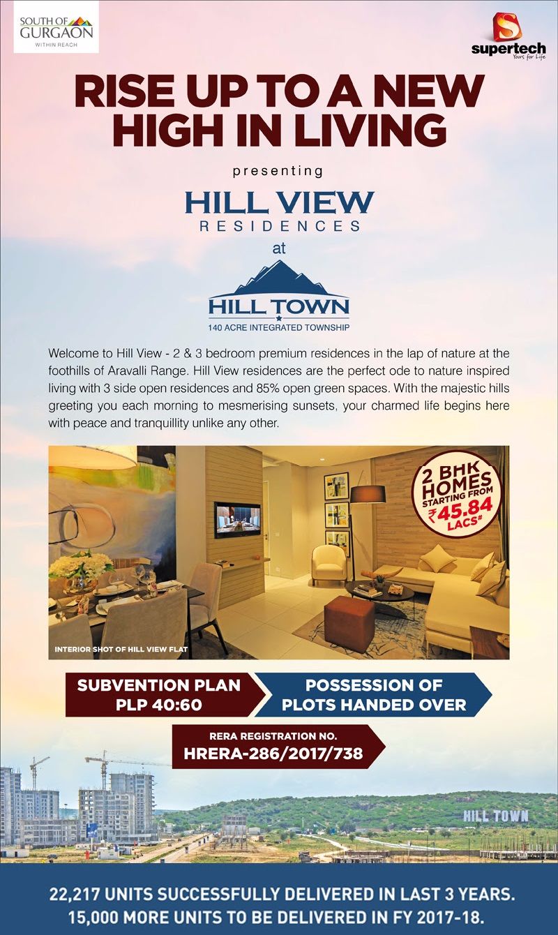 Supertech Hill Town offers 2 BHK homes starting @ 45.84 lacs with 40:60 subvention plan